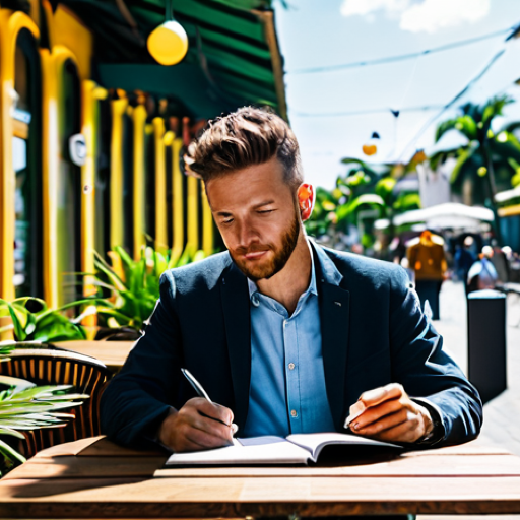 Digital Nomad Planning**
* **Subject:** A fully clothed Digital Nomad (male or female) in appropriate attire, sitting at an outdoor cafe table with a laptop, passport, and travel guide.
* **Environment:** Sunny cafe setting with tropical plants, bustling street scene in the background.
* **Details:** Focus on the nomad reviewing passport details, taking notes in a planner.
* **Modifiers:** Safe for work, appropriate content, fully clothed, professional, perfect anatomy, natural proportions, bright and vibrant, high resolution.
**