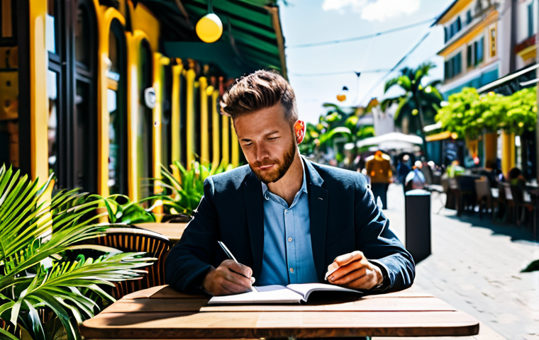 Digital Nomad Planning**
* **Subject:** A fully clothed Digital Nomad (male or female) in appropriate attire, sitting at an outdoor cafe table with a laptop, passport, and travel guide.
* **Environment:** Sunny cafe setting with tropical plants, bustling street scene in the background.
* **Details:** Focus on the nomad reviewing passport details, taking notes in a planner.
* **Modifiers:** Safe for work, appropriate content, fully clothed, professional, perfect anatomy, natural proportions, bright and vibrant, high resolution.
**