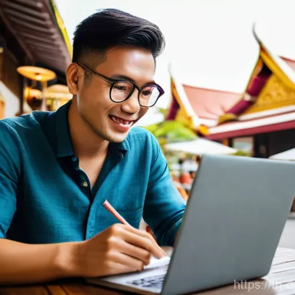 디지털 노마드 생활의 의사결정 과정 - A focused and happy young digital nomad, dressed in smart-casual, light summer clothing (like a line...