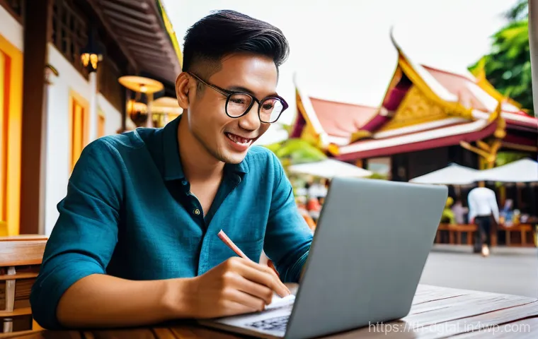 디지털 노마드 생활의 의사결정 과정 - A focused and happy young digital nomad, dressed in smart-casual, light summer clothing (like a line...