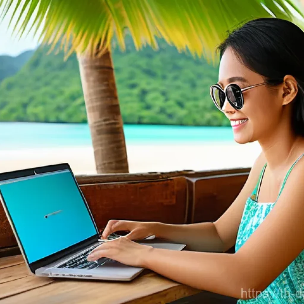 디지털 노마드의 소셜 미디어 활용 - A young Thai woman, in her late 20s, with a warm smile, is comfortably working on her laptop at a ru...