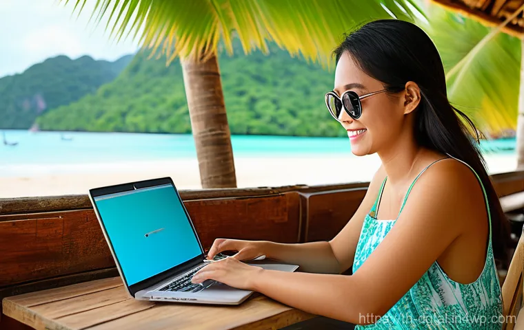 디지털 노마드의 소셜 미디어 활용 - A young Thai woman, in her late 20s, with a warm smile, is comfortably working on her laptop at a ru...
