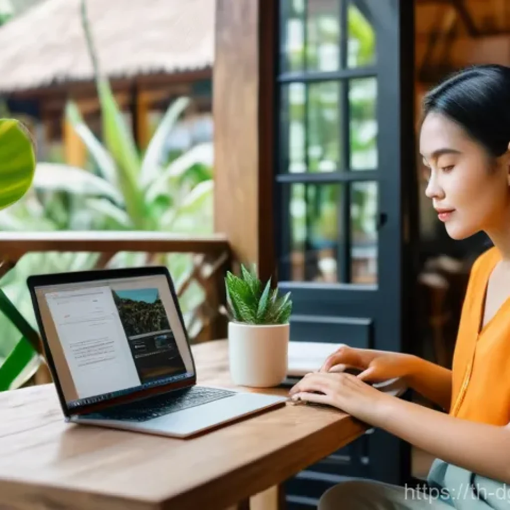 디지털 노마드의 업무 효율성 극대화 방법 - **Prompt:** A bright and inspiring image of a young Thai woman, a digital nomad, working diligently ...