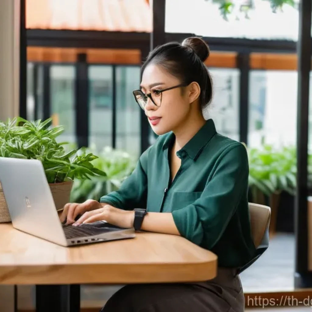 디지털 노마드의 효율적인 업무 환경 조성하기 - **"Digital Nomad's Essential Setup in a Serene Bangkok Cafe"**
A young Thai woman, in her late 2...