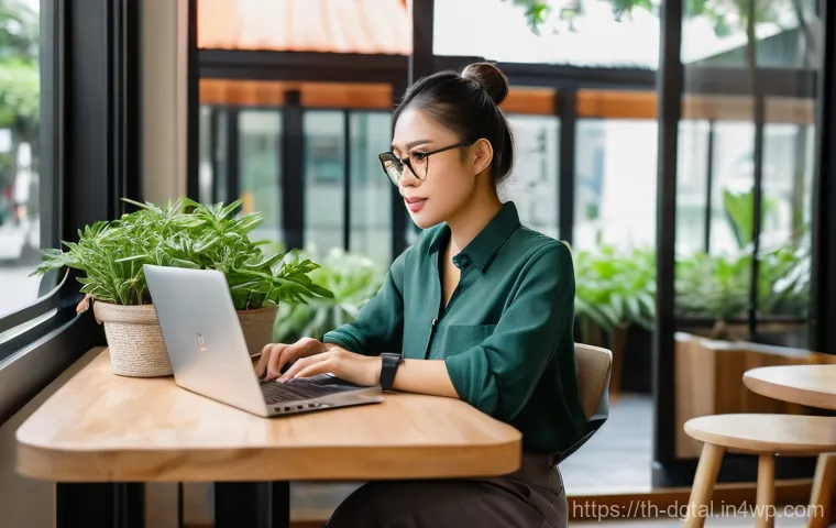 디지털 노마드의 효율적인 업무 환경 조성하기 - **"Digital Nomad's Essential Setup in a Serene Bangkok Cafe"**
    A young Thai woman, in her late 2...
