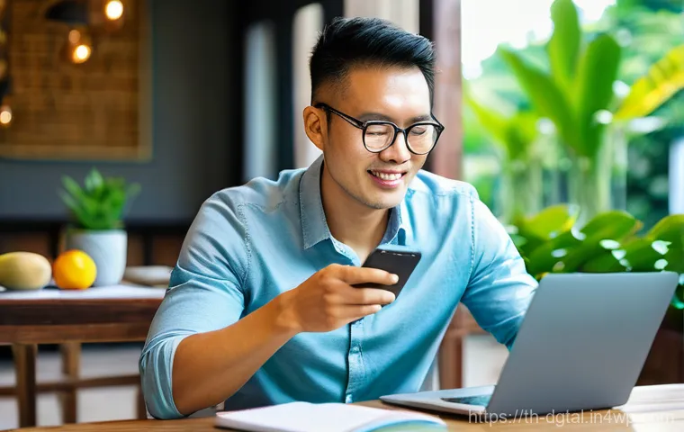 디지털 노마드의 효율적인 업무 환경 조성하기 - **"Digital Nomad's Essential Setup in a Serene Bangkok Cafe"**
    A young Thai woman, in her late 2...
