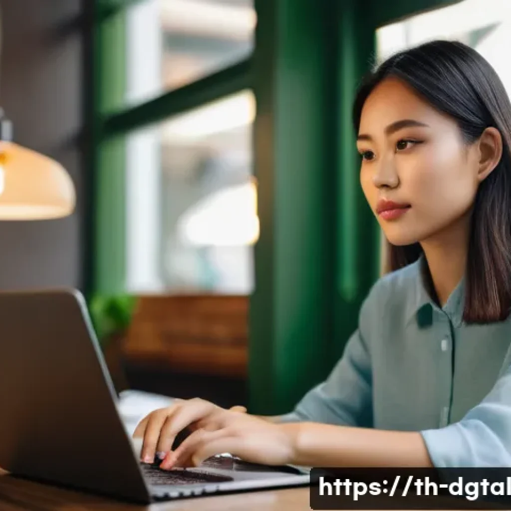 디지털 노마드 생활에서의 시간 관리 전략 - **A Focused Digital Nomad in a Modern Bangkok Cafe**
A vibrant, medium shot of a young Thai woma...