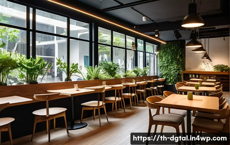 디지털 노마드가 자주 찾는 커피숍 - A serene and quiet cafe interior designed for high concentration work, featuring spacious wooden tab...