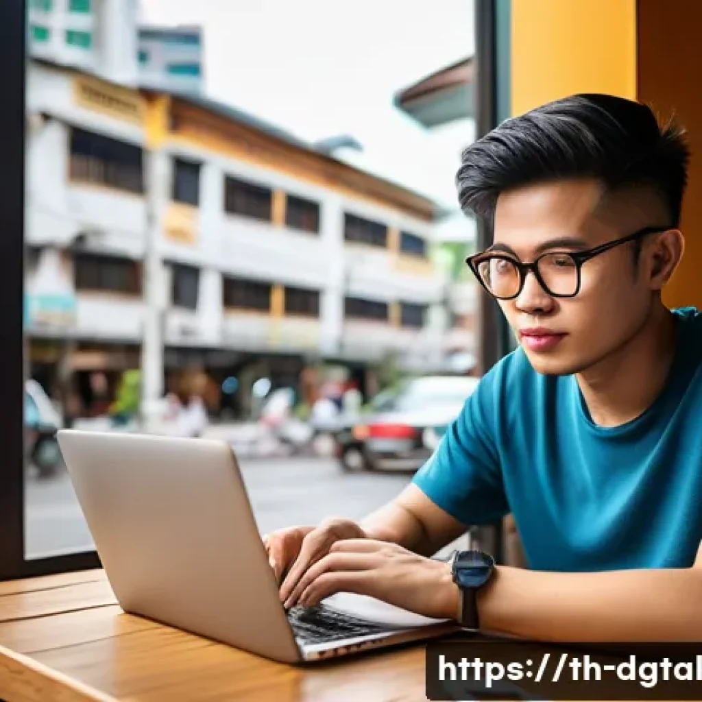 디지털 노마드를 위한 팁 해외에서 돈 관리하기 - A young Thai digital nomad working on a laptop at a cozy café table with a smartphone beside them, w...