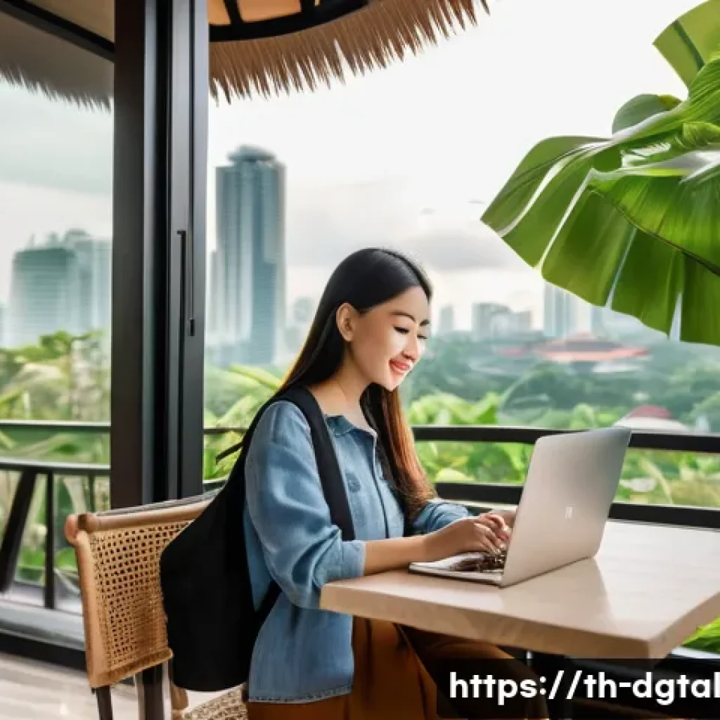 디지털 노마드를 위한 온라인 네트워킹 플랫폼 - A professional Thai digital nomad woman working remotely on a sleek laptop at a cozy Bangkok café, w...