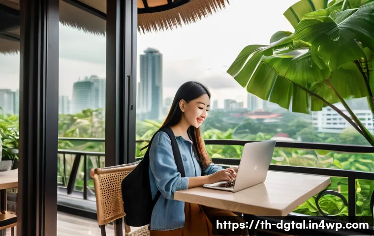 디지털 노마드를 위한 온라인 네트워킹 플랫폼 - A professional Thai digital nomad woman working remotely on a sleek laptop at a cozy Bangkok caf&eacute;, w...