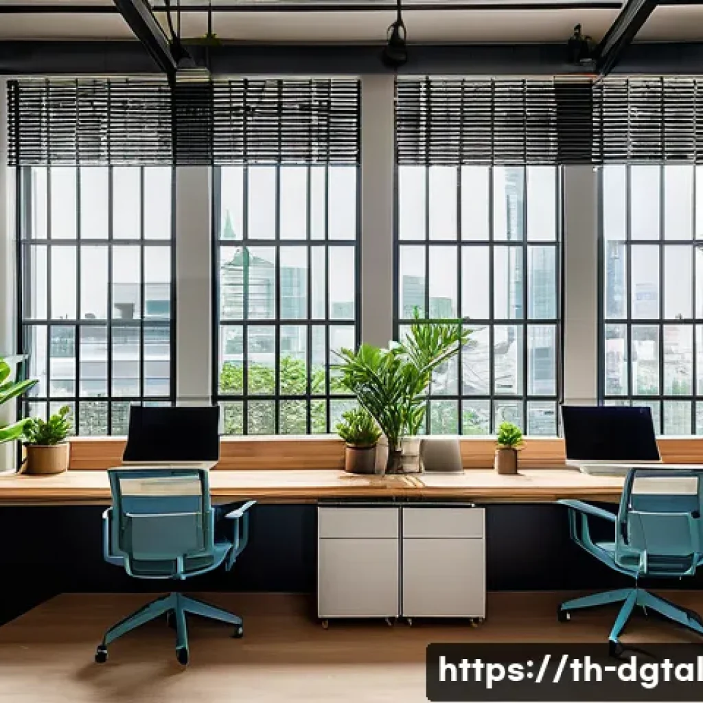 디지털 노마드의 성공 사례 연구 - A serene coworking space in Bangkok designed for digital nomads, featuring modern ergonomic desks, h...