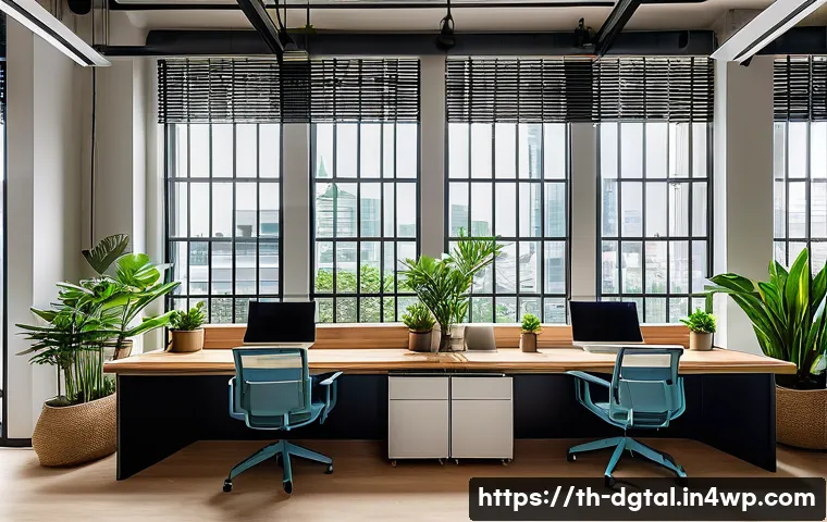 디지털 노마드의 성공 사례 연구 - A serene coworking space in Bangkok designed for digital nomads, featuring modern ergonomic desks, h...