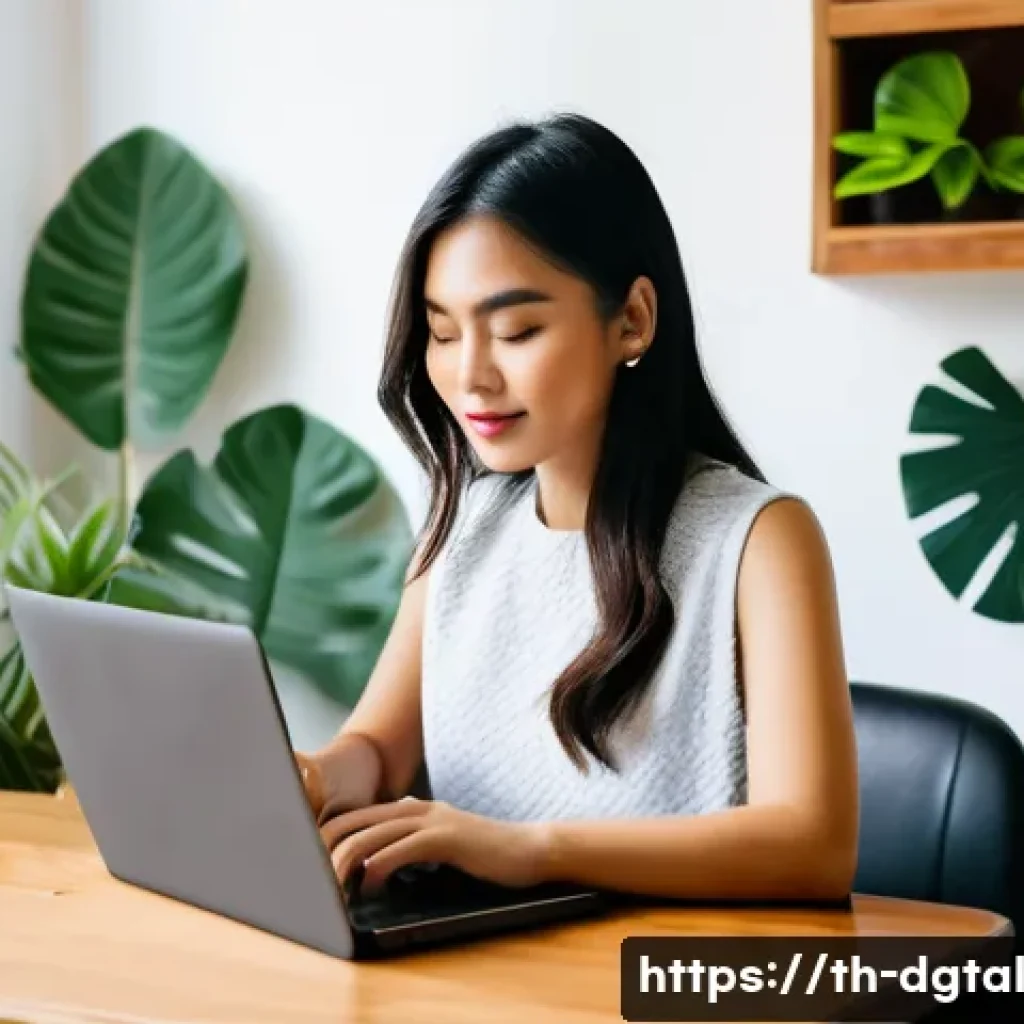 디지털 노마드로 살아가는 사람들의 직업 - A modern digital nomad workspace featuring a young Thai professional woman writing a high-quality bl...