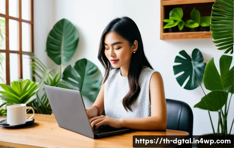 디지털 노마드로 살아가는 사람들의 직업 - A modern digital nomad workspace featuring a young Thai professional woman writing a high-quality bl...