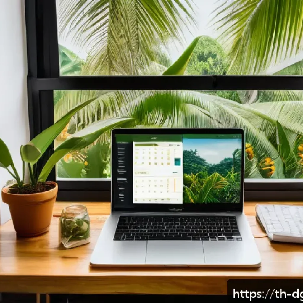 디지털 노마드로서의 재정 관리 - A cozy digital nomad workspace in a tropical Thai apartment, featuring a laptop displaying budgeting...