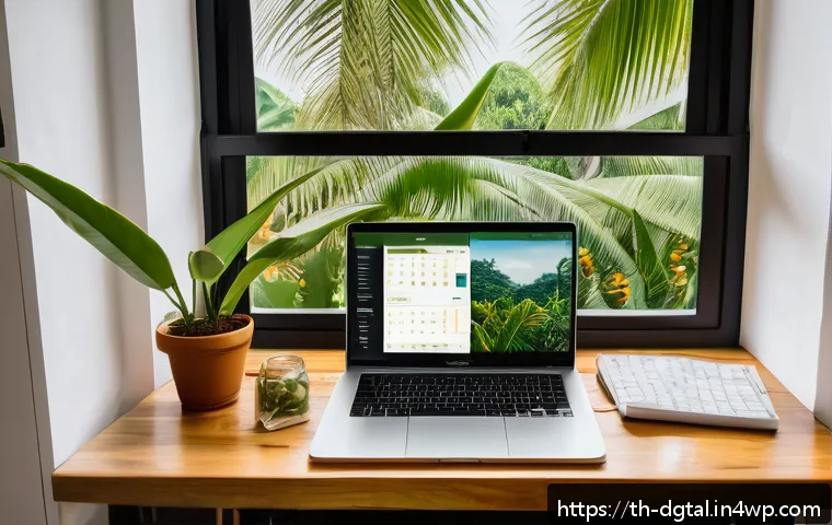 디지털 노마드로서의 재정 관리 - A cozy digital nomad workspace in a tropical Thai apartment, featuring a laptop displaying budgeting...