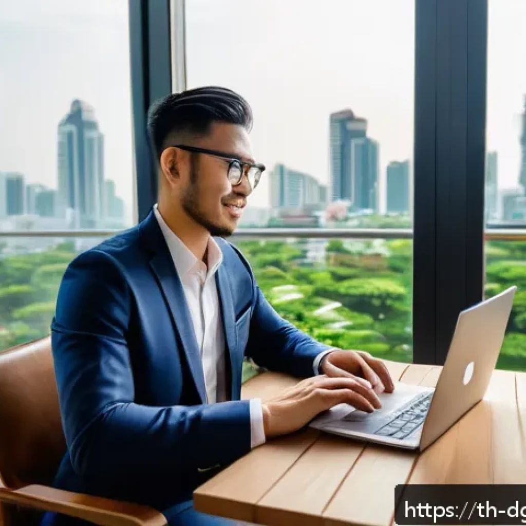 디지털 노마드가 직면하는 법적 문제 - A professional digital nomad working remotely in a modern Thai co-working space, surrounded by lush ...