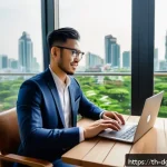 Home 22 디지털 노마드가 직면하는 법적 문제 - A professional digital nomad working remotely in a modern Thai co-working space, surrounded by lush ...