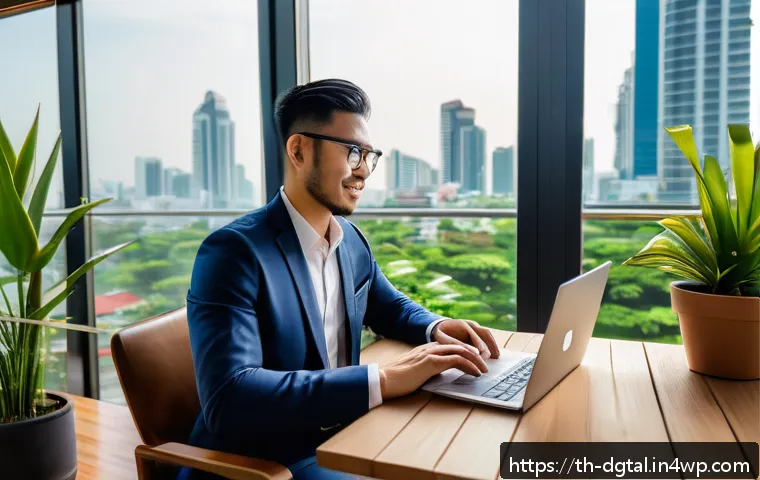 디지털 노마드가 직면하는 법적 문제 - A professional digital nomad working remotely in a modern Thai co-working space, surrounded by lush ...