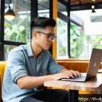 Home 21 디지털 노마드의 지속적인 학습 방법 - A flexible digital nomad workspace scene in a cozy, modern cafe in Bangkok, Thailand, featuring a yo...