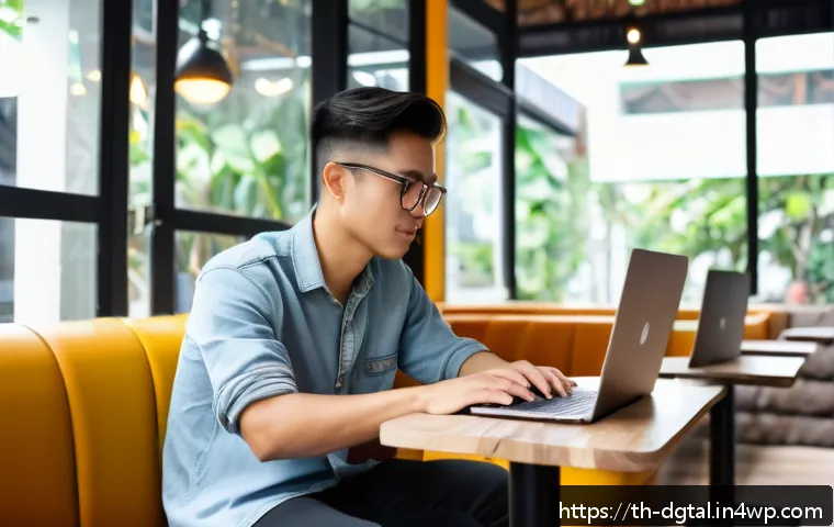 디지털 노마드의 지속적인 학습 방법 - A flexible digital nomad workspace scene in a cozy, modern cafe in Bangkok, Thailand, featuring a yo...