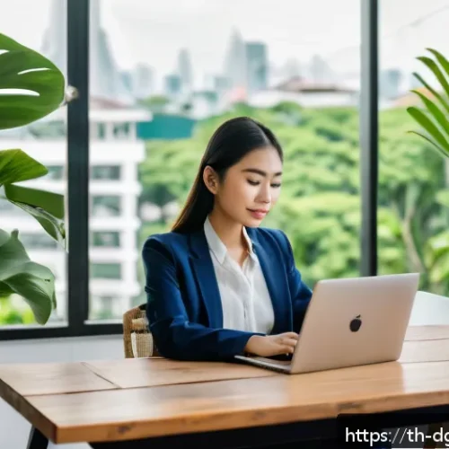 Home 32 디지털 노마드의 창의적인 프로젝트 관리 - A digital nomad woman working on a laptop in a cozy, modern coworking space in Bangkok, Thailand. Sh...