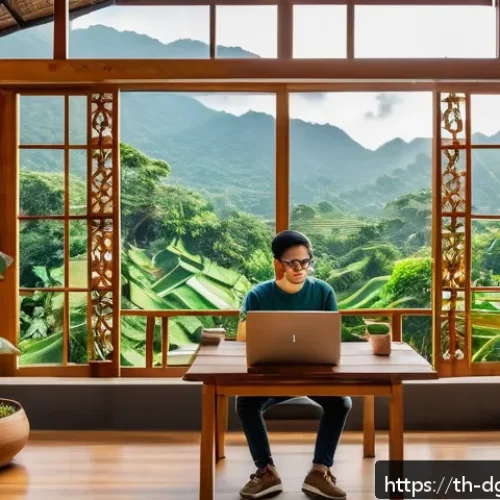 Home 31 디지털 노마드란 무엇인가 - A serene coworking space in Chiang Mai, Thailand, featuring a cozy wooden interior with large window...