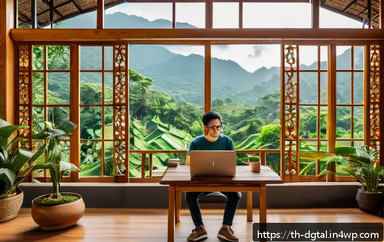 디지털 노마드란 무엇인가 - A serene coworking space in Chiang Mai, Thailand, featuring a cozy wooden interior with large window...