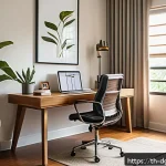 Home 18 디지털 노마드의 비대면 작업 환경 설정 - A cozy, modern home office setup in a bright room with large windows letting in natural sunlight fil...