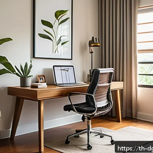 Home 30 디지털 노마드의 비대면 작업 환경 설정 - A cozy, modern home office setup in a bright room with large windows letting in natural sunlight fil...