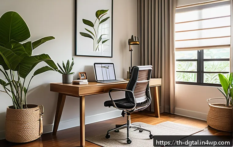 디지털 노마드의 비대면 작업 환경 설정 - A cozy, modern home office setup in a bright room with large windows letting in natural sunlight fil...