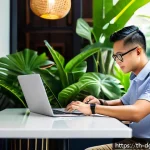 Home 23 디지털 노마드를 위한 글로벌 네트워크 만들기 - A professional Thai digital nomad working on a sleek laptop at a cozy modern café in Bangkok, surrou...