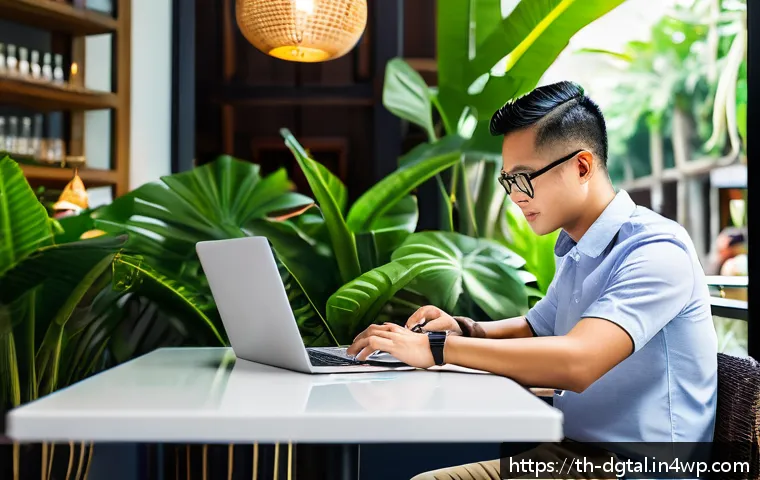 디지털 노마드를 위한 글로벌 네트워크 만들기 - A professional Thai digital nomad working on a sleek laptop at a cozy modern caf&eacute; in Bangkok, surrou...